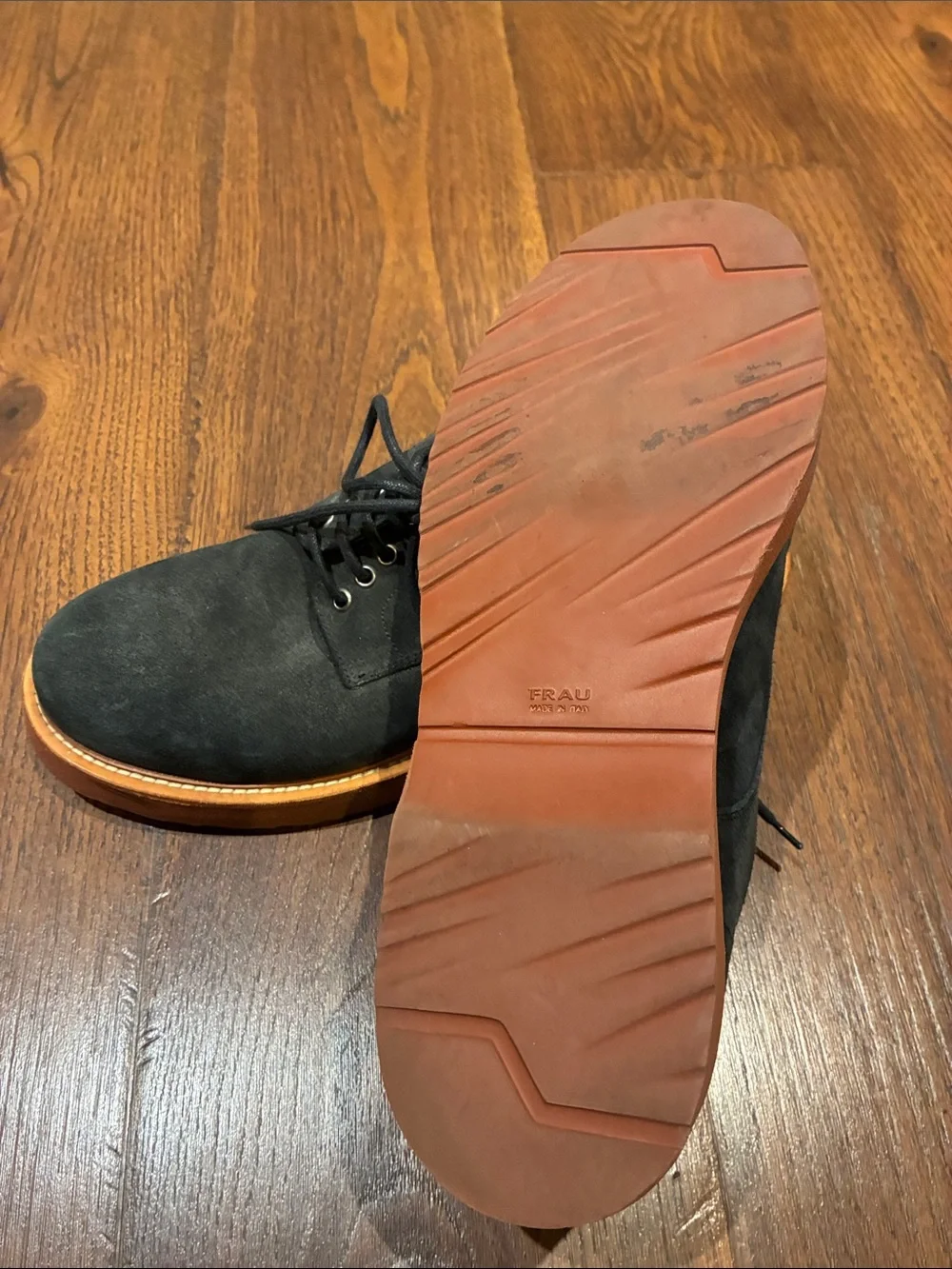 Poltrona Frau Navy Blue Suede Chukka Boots with Tan Sole